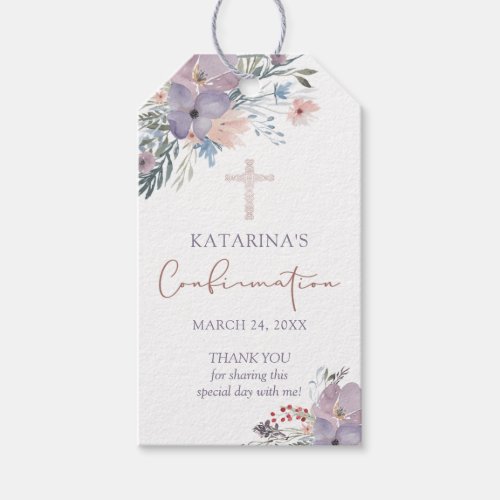 Confirmation Watercolor Wildflower Cross Thank You Gift Tags