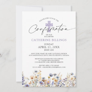 Confirmation Watercolor Wildflowers Lavender Cross Invitation