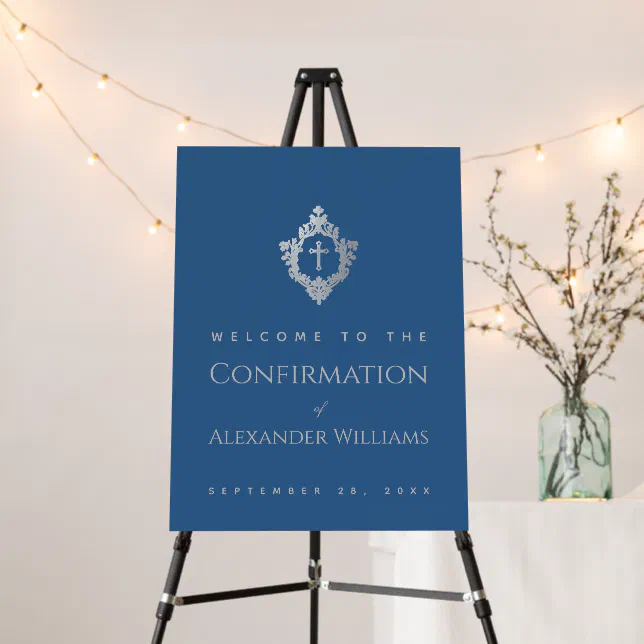 Confirmation Welcome Classic Blue Boy Ornate Crest Foam Board | Zazzle
