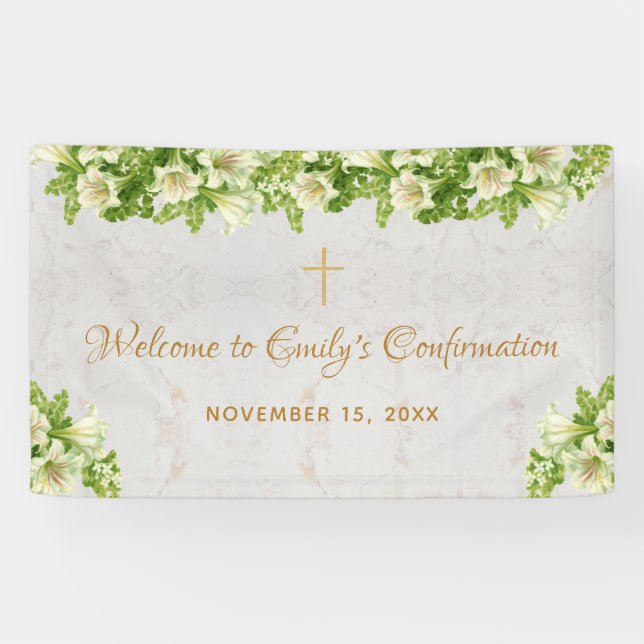 Confirmation Welcome Floral White Lilies on Marble Banner (Horizontal)