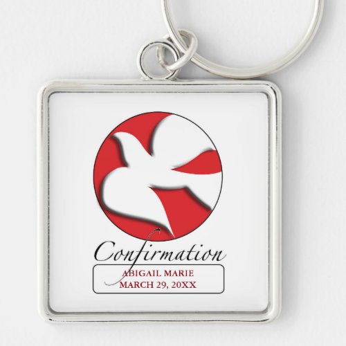 Confirmation White Dove on Red Circle  Keychain