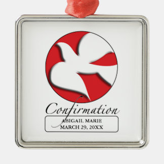 Confirmation White Dove on Red Circle Metal Ornament