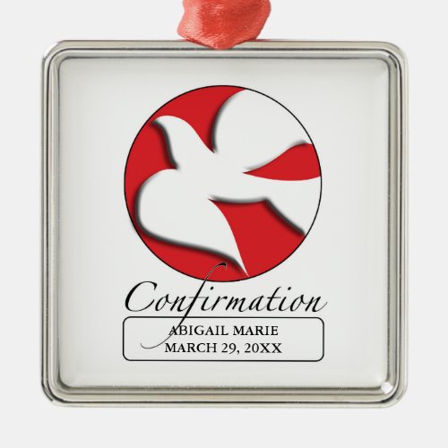 Confirmation White Dove on Red Circle  Metal Ornament