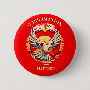 Confirmation White Dove Red Flamed Custom Button