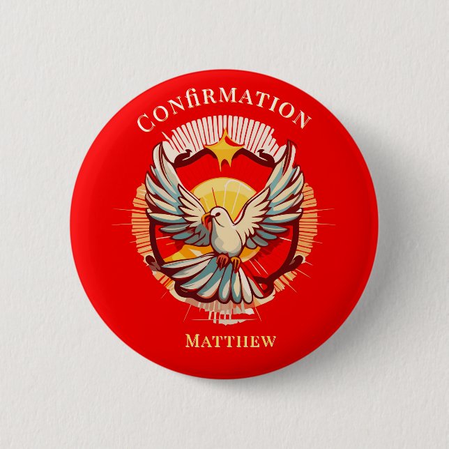 Confirmation White Dove Red Flamed Custom Button (Front)