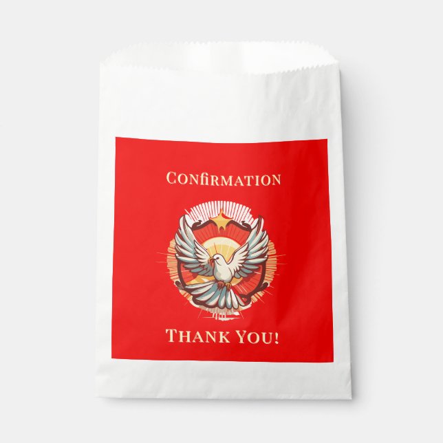 Confirmation White Dove Red Flamed Thank You Favor Bag (Front)