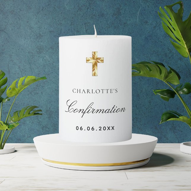 Confirmation white gold cross name pillar candle (Creator Uploaded)