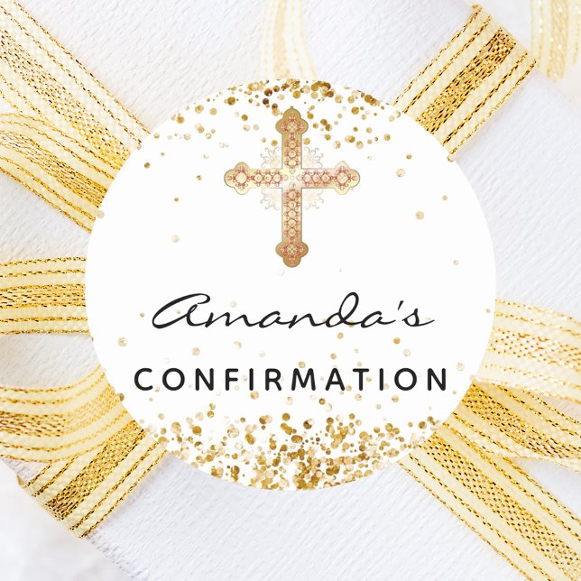 Confirmation white gold glitter cross name  classic round sticker (Creator Uploaded)