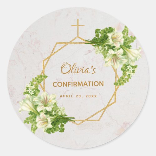 Confirmation White Lilies Marble Gold Cross Floral Classic Round Sticker