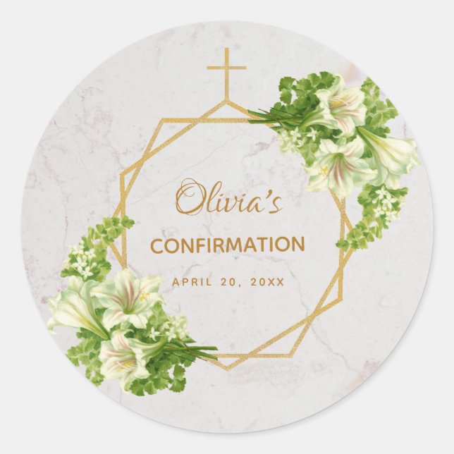 Confirmation White Lilies Marble Gold Cross Floral Classic Round Sticker (Front)