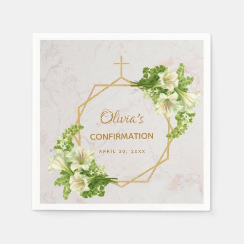 Confirmation White Lilies Marble Gold Cross Floral Napkins