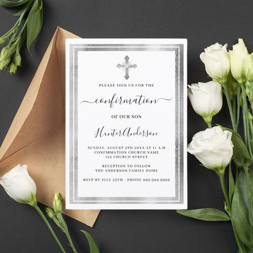 Confirmation white silver cross invitation