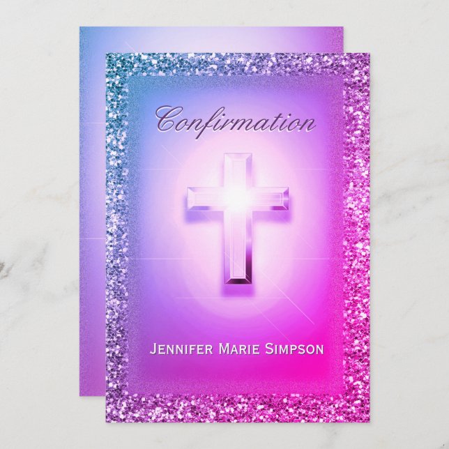 Confirmation with Glowing Cross in Rainbow Colors. Invitation (Front/Back)