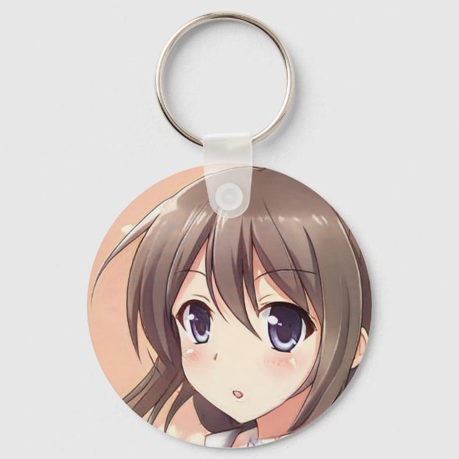 Confused anime girl brown hair blue eyes manga keychain (Front)