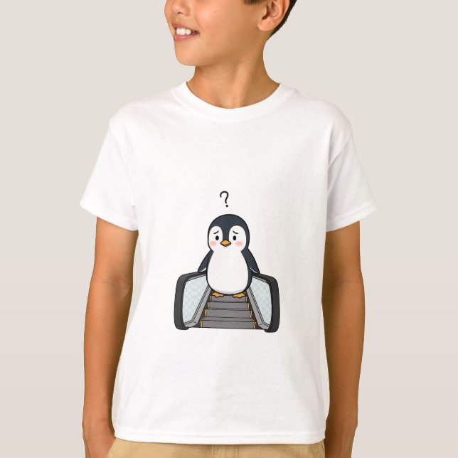 Confused Cute Penguin Standing on Escalator T-Shirt (Front)
