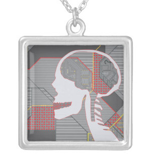 confused heart logicskull silver plated necklace