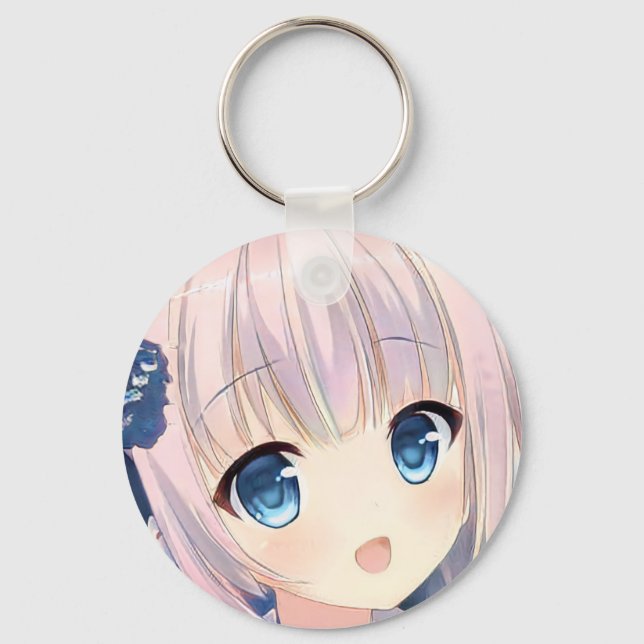 Confused smile anime girl pink hair sea blue eyes  keychain (Front)