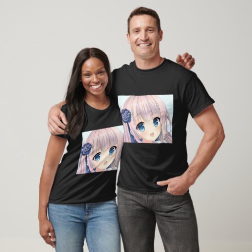 Confused smile anime girl pink hair sea blue eyes T_Shirt
