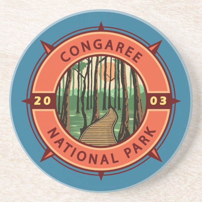 Congaree National Park Retro Compass Emblem Coaster (Front)