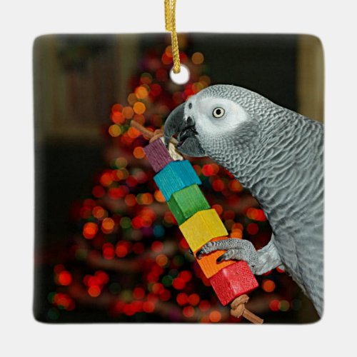 Congo African Grey Parrot Merry Christmas Tree Ceramic Ornament