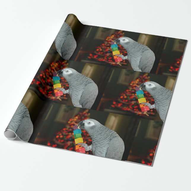 Congo African Grey Parrot Merry Christmas Tree Wrapping Paper (Unrolled)