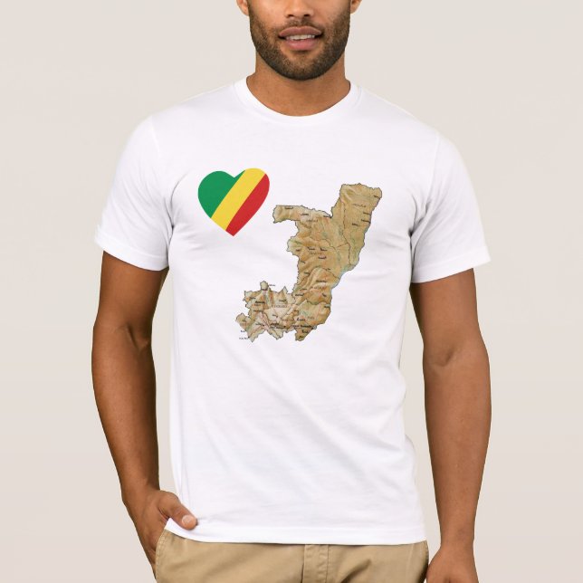 Congo-Brazzaville Flag Heart and Map T-Shirt (Front)