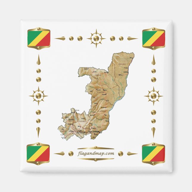 Congo-Brazzaville Map + Flags Magnet (Front)