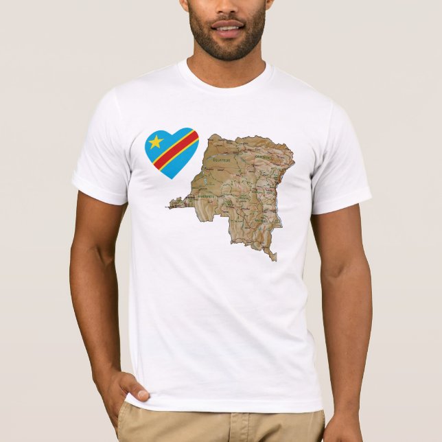 Congo-Kinshasa Flag Heart and Map T-Shirt (Front)