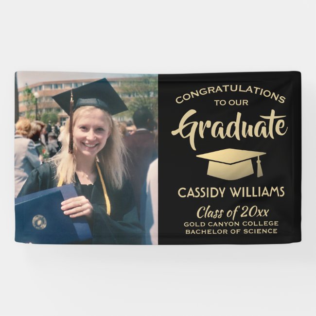 Congrats 1 Photo Black and Gold Modern Graduation Banner