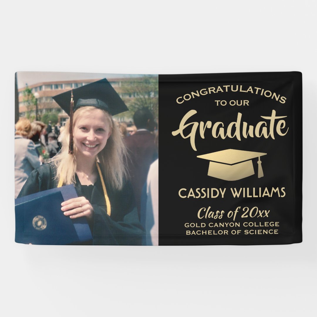 Congrats 1 Photo Black and Gold Modern Graduation Banner | Zazzle