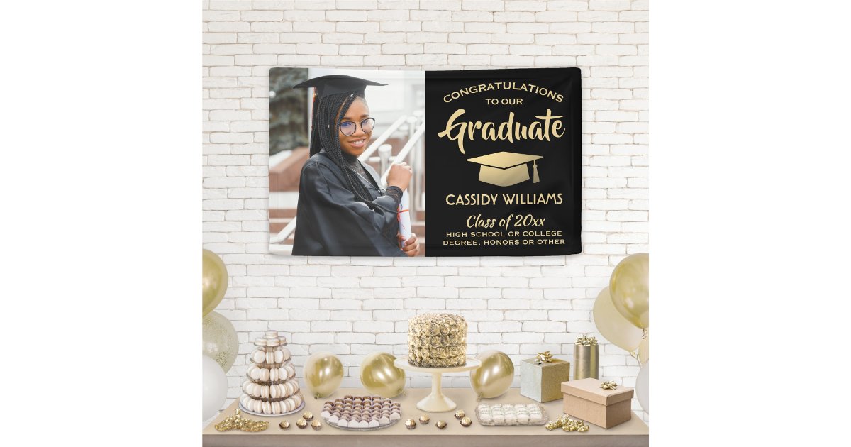 Congrats 1 Photo Black and Gold Modern Graduation Banner | Zazzle