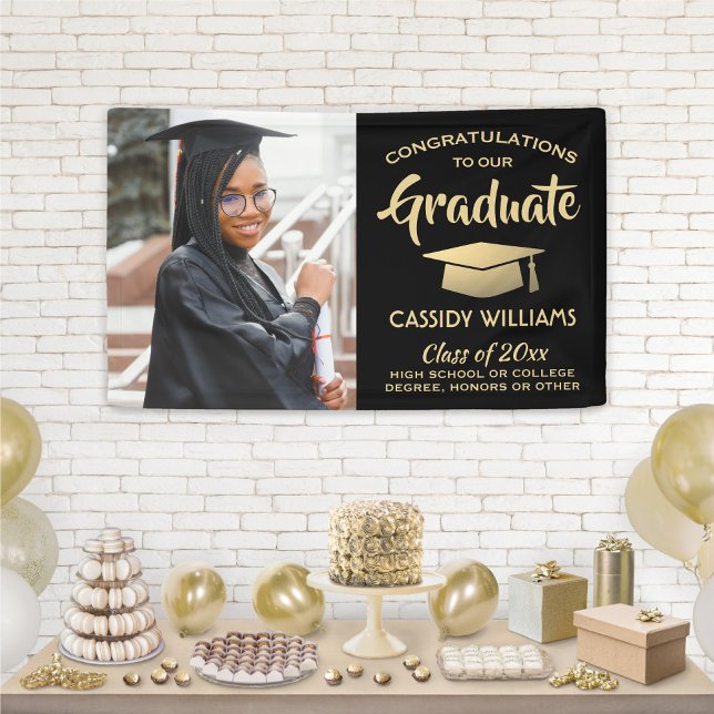 Congrats 1 Photo Black and Gold Modern Graduation Banner (Creator Uploaded)