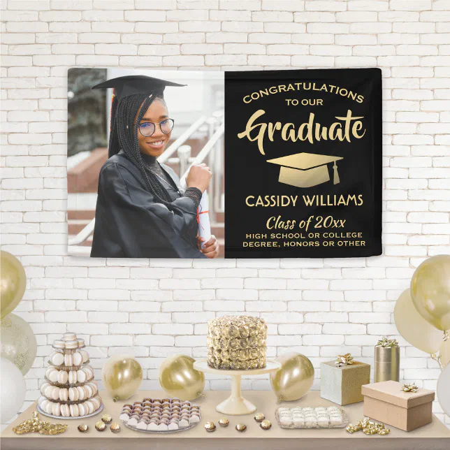Congrats 1 Photo Black and Gold Modern Graduation Banner | Zazzle