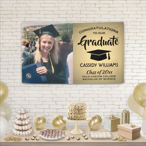 Congrats 1 Photo Black  Gold Faux Foil Graduation Banner