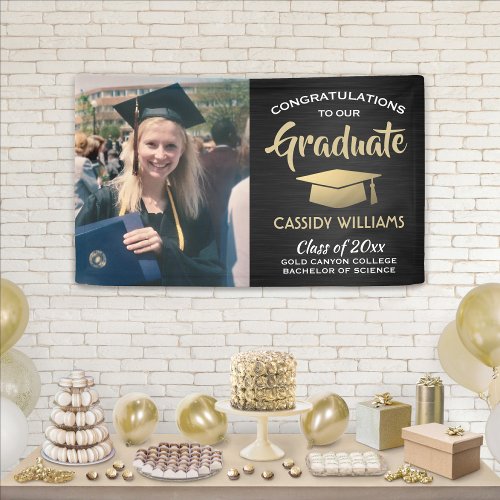 Congrats 1 Photo Brushed Black and Gold Graduation Banner