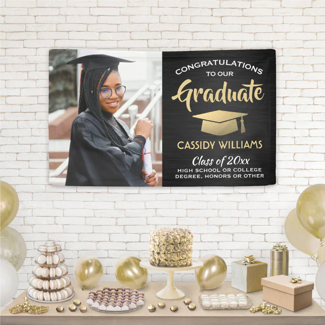 Congrats 1 Photo Brushed Black and Gold Graduation Banner | Zazzle