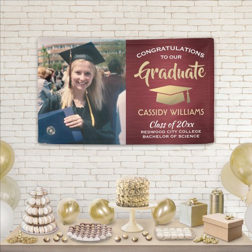 Congrats 1 Photo Burgundy Red and Gold Graduation Banner