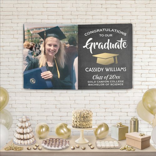 Congrats 1 Photo Chalkboard Black Gold Graduation Banner