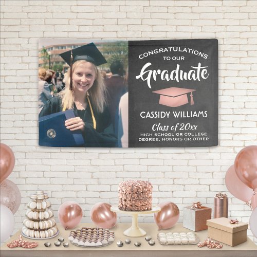 Congrats 1 Photo Chalkboard Pink Black Graduation Banner