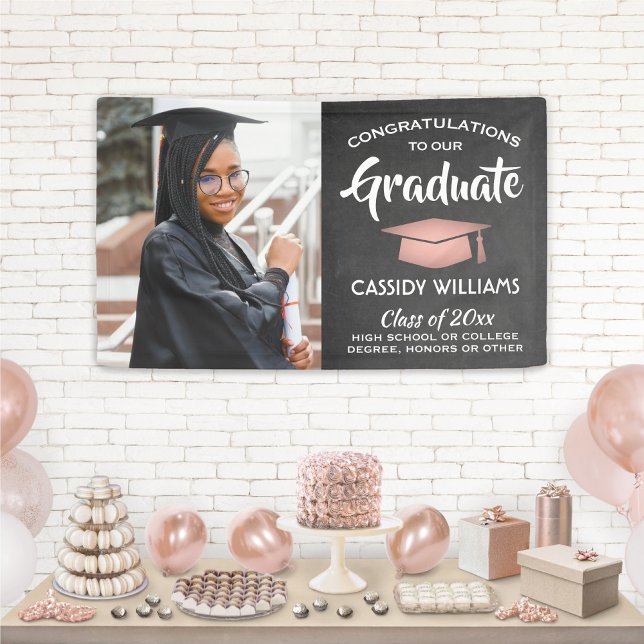 Congrats 1 Photo Chalkboard Pink Black Graduation Banner (Creator Uploaded)