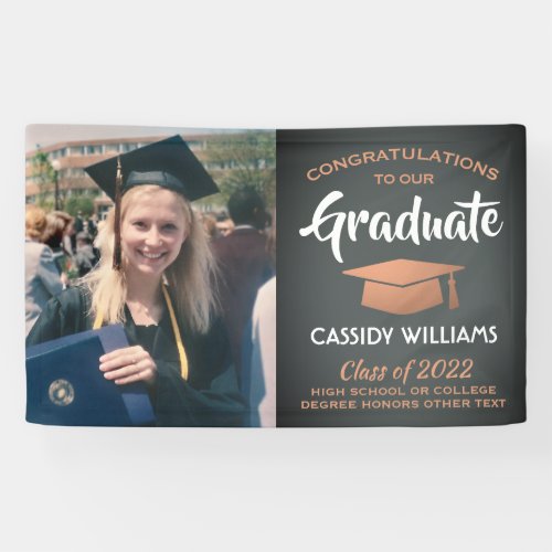 Congrats 1 Photo Gray and Faux Copper Graduation Banner - Add an elegant personalized touch to college or high school graduation party decorations with this custom photo gray, white and copper banner.  Design features a grey ombre background, faux foil mortar board cap, stylish modern typography, handwritten style script calligraphy, and one picture of the graduate, such as a senior picture or image from the commencement ceremony.  Please note that copper is printed terracotta color, not metallic foil. This party sign is a stylish way to celebrate the special day. Congratulations to the graduate!