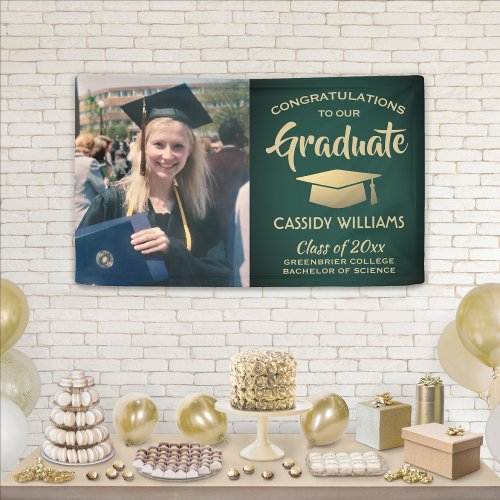 Congrats 1 Photo Green and Gold Modern Graduation Banner