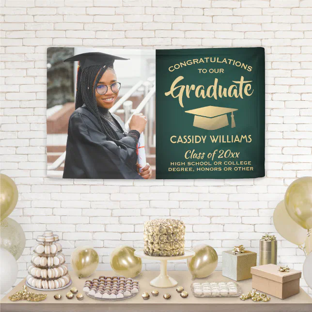 Congrats 1 Photo Green and Gold Modern Graduation Banner | Zazzle