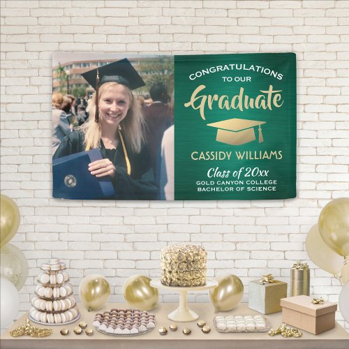 Congrats 1 Photo Green Gold and White Graduation Banner