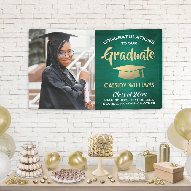 Congrats 1 Photo Green Gold and White Graduation Banner | Zazzle