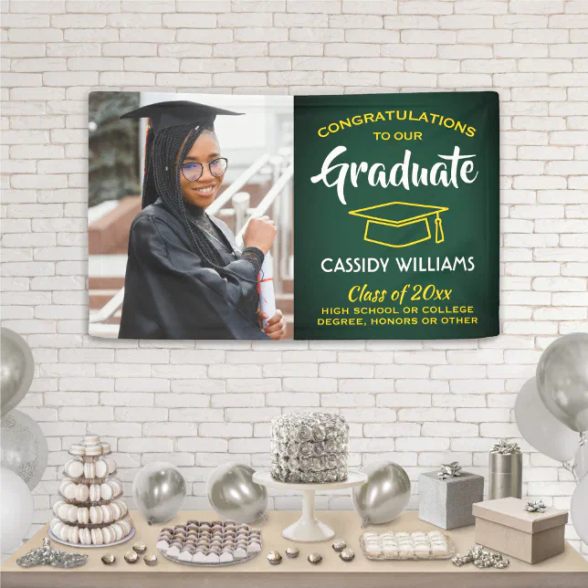Congrats 1 Photo Green Gold Yellow Graduation Banner | Zazzle