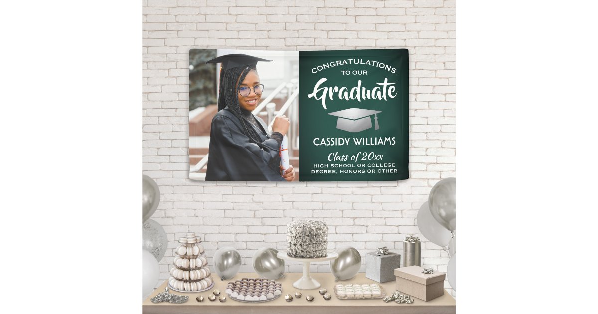 Congrats 1 Photo Green White & Silver Graduation Banner | Zazzle
