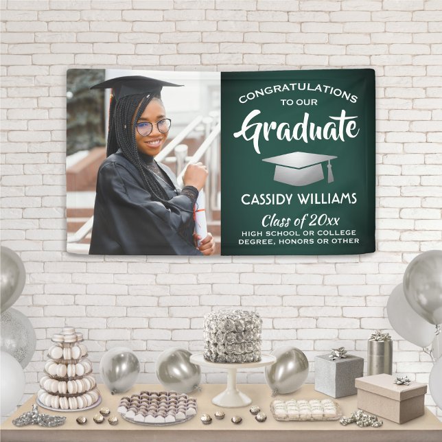 Congrats 1 Photo Green White & Silver Graduation Banner (Creator Uploaded)