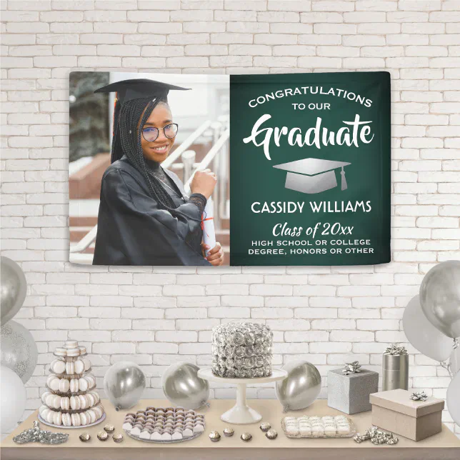 Congrats 1 Photo Green White & Silver Graduation Banner | Zazzle