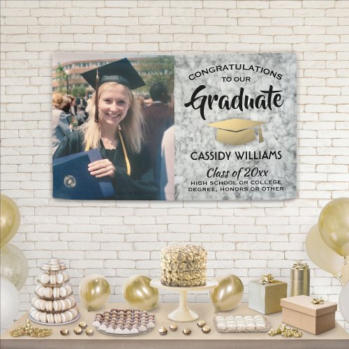 Congrats 1 Photo Marble Black and Gold Graduation Banner